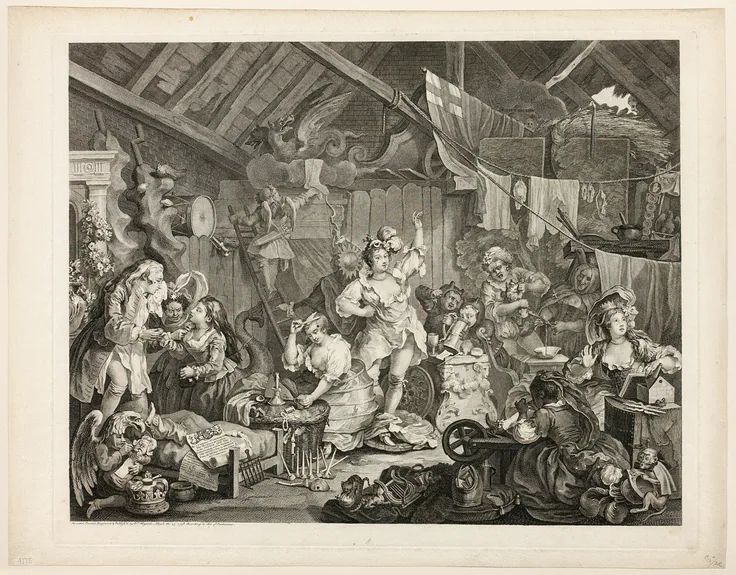 Strolling Actresses Dressing in a Barn: engraving in black on ivory laid paper by William Hogarth, May 1738.