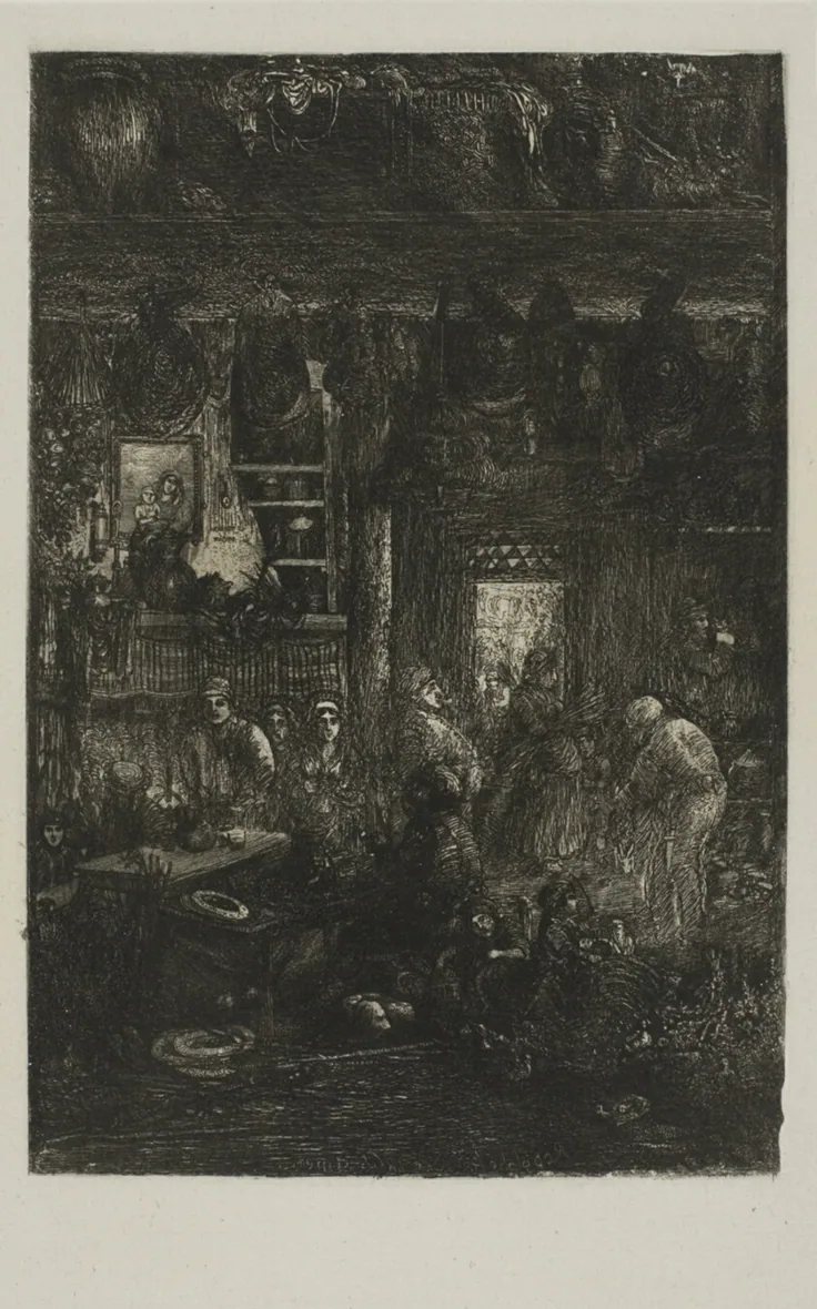 Moldavian Interior: etching on cream China paper laid down on ivory wove paper by Rodolphe Bresdin, 1859.