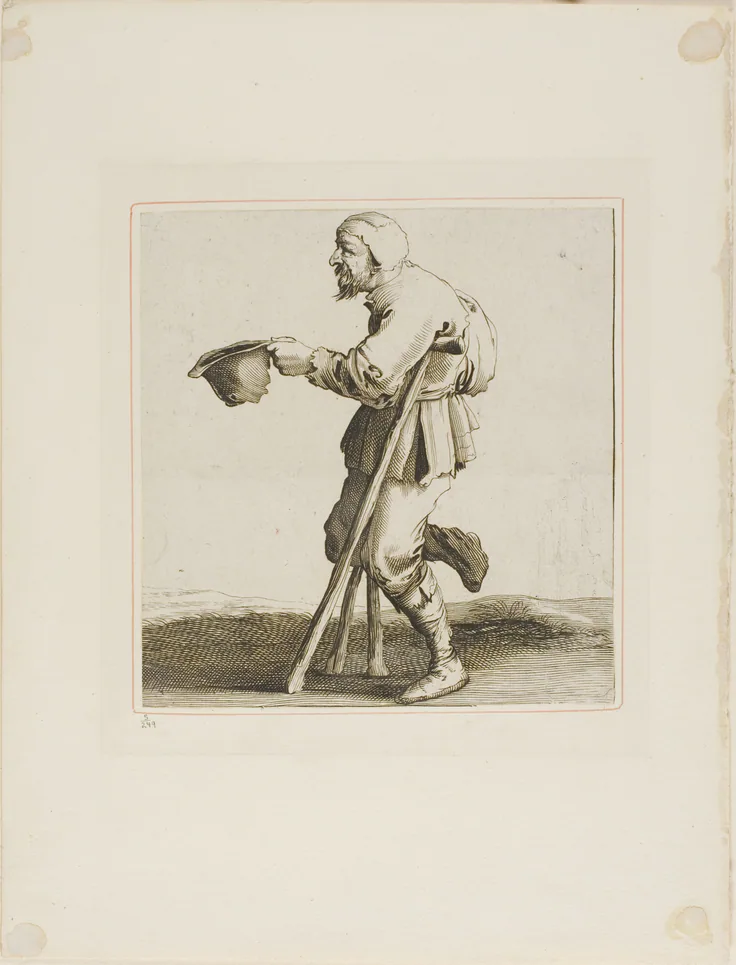 Lame Beggar Asking for Alms, from T is al verwart-gaern (It's already confusing): etching in black on paper by Pieter Jansz Quast, n.d..