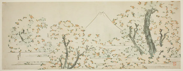 Mount Fuji with Cherry Trees in Bloom: color woodblock print; surimono by Katsushika Hokusai 葛飾 北斎, c. 1801/05.