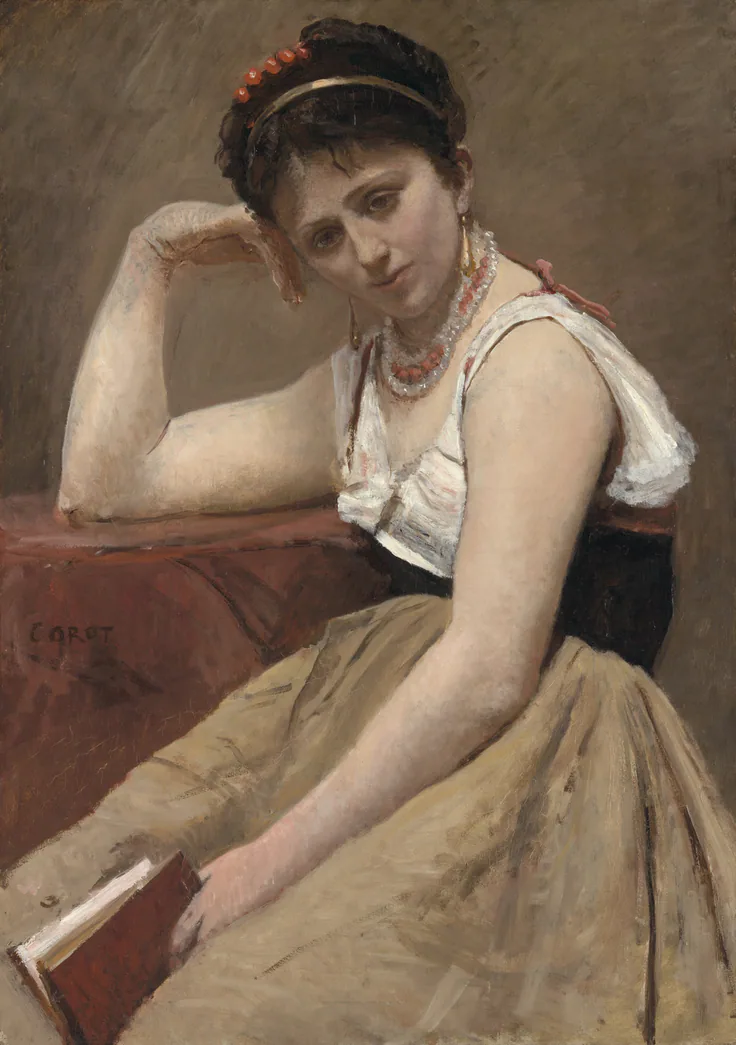 Interrupted Reading: oil on canvas, mounted on board by Jean-Baptiste-Camille Corot, c. 1870.