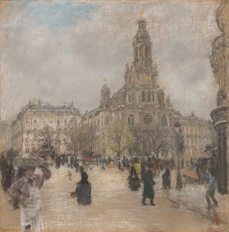 Place de la Trinité, Paris: pastel on canvas, mounted to wood panel by Jean-François Raffaëlli, c. 1886.