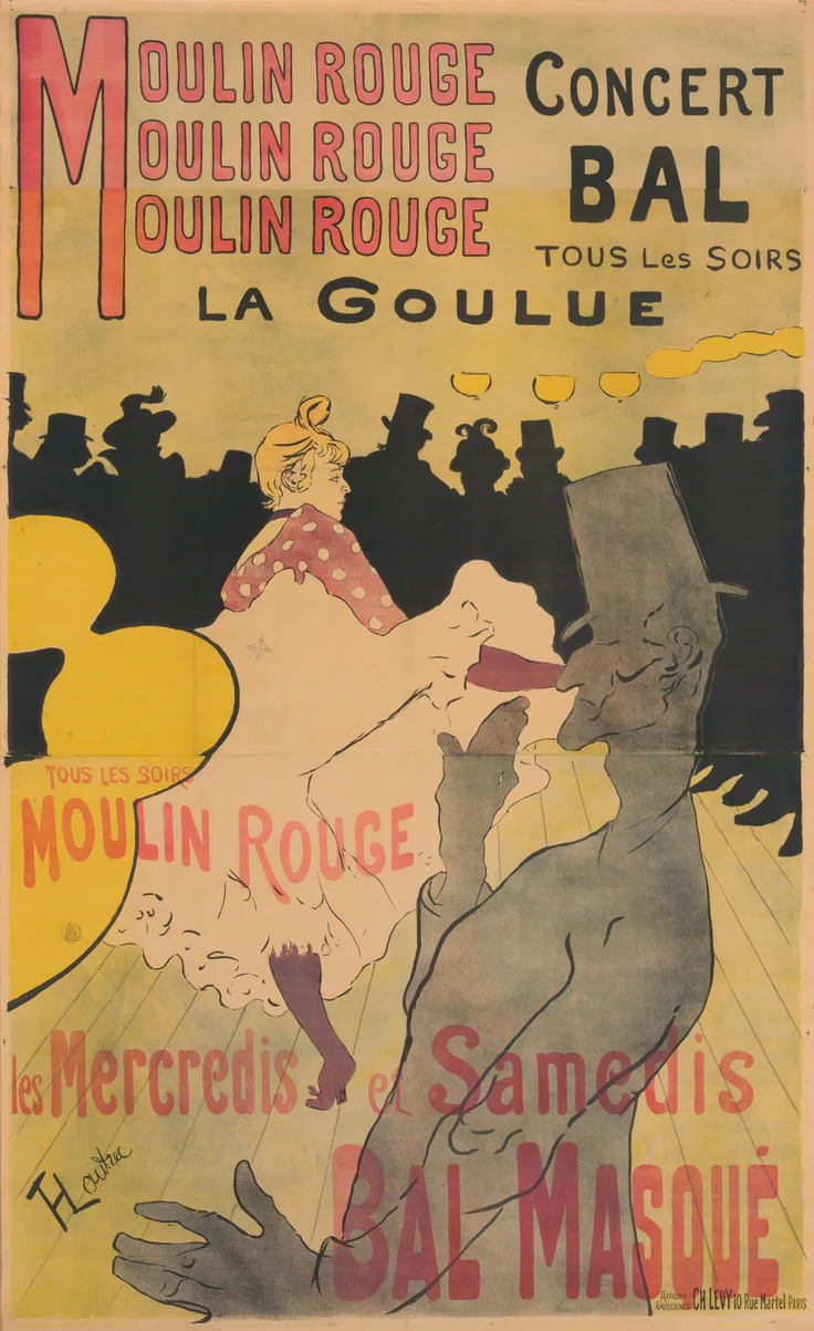 Moulin Rouge, La Goulue: color lithograph on tan wove paper by Henri de Toulouse-Lautrec, 1891.