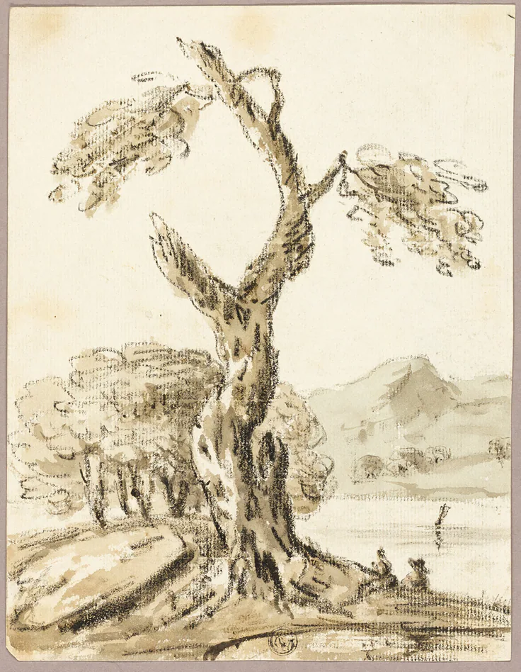 Large Tree with Lake and Mountains in Background: drawings (visual works) by Attributed to Thomas Barker, n.d..