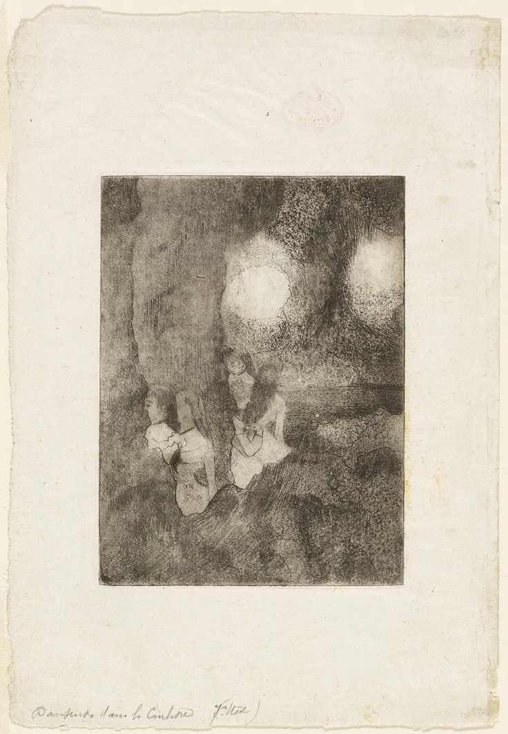 Dancers in the Wings: etching, aquatint and drypoint on ivory loose chine by Edgar Degas, 1879–80.