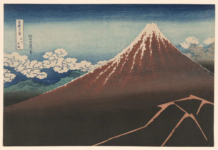 Shower Below the Summit (Sanka hakuu), from the series "Thirty-Six Views of Mount Fuji (Fugaku sanjurokkei)": color woodblock print; oban by Katsushika Hokusai 葛飾 北斎, c. 1830/33.
