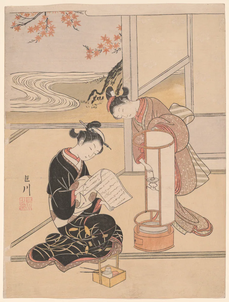 The Evening Glow of a Lamp (Andon no sekisho), from the series "Eight Views of the Parlor (Zashiki hakkei)": color woodblock print; chuban by Suzuki Harunobu 鈴木 春信, c. 1766.