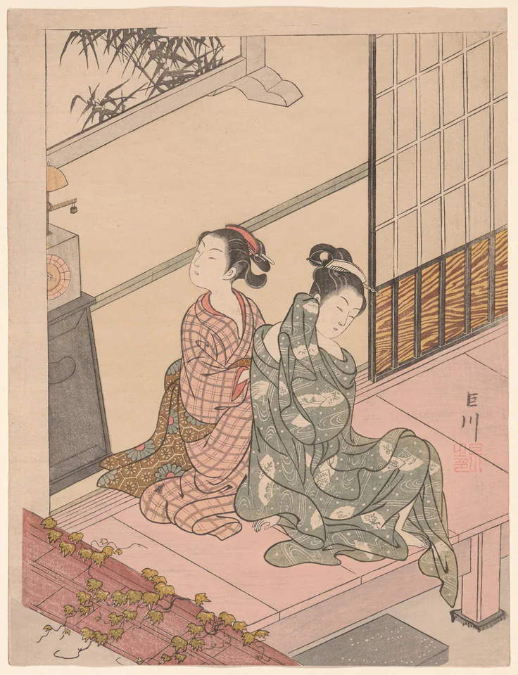 The Evening Bell of the Clock (Tokei no bansho), from the series "Eight Views of the Parlor (Zashiki hakkei)": color woodblock print; chuban by Suzuki Harunobu 鈴木 春信, c. 1766.