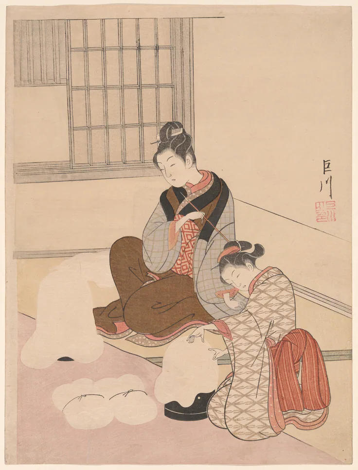 Evening Snow on a Floss Shaper (Nurioke no bosetsu), from the series "Eight Views of the Parlor (Zashiki hakkei)": color woodblock print; chuban by Suzuki Harunobu 鈴木 春信, c. 1766.