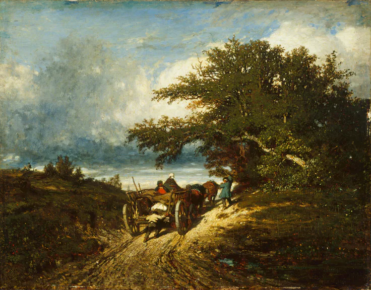 On the Road: oil on canvas by Jules Dupré, 1856.