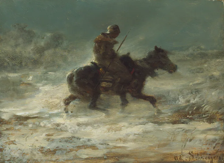Man with Lance Riding through the Snow: oil on canvas by Adolphe Schreyer, c. 1880.