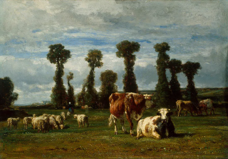 Pasture in Normandy: oil on panel by Constant Troyon, 1852.