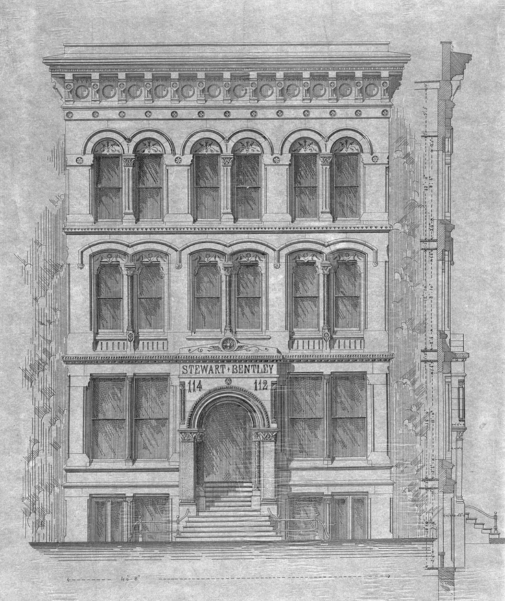 Stewart–Bentley Building, Chicago, Illinois, Elevation and Exterior Wall Section: ink on tracing paper, mounted on heavy paper by Carter, Drake and Wight, 1872.