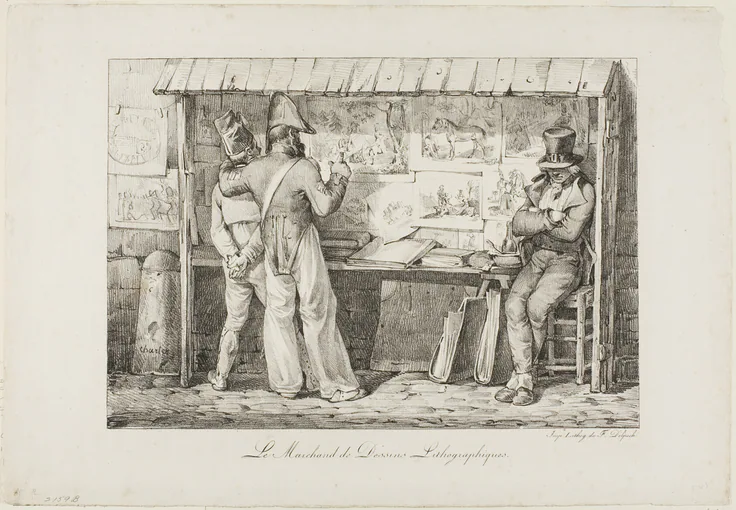 The Lithograph Seller: lithograph in black on ivory wove paper by Nicolas Toussaint Charlet, c. 1819.