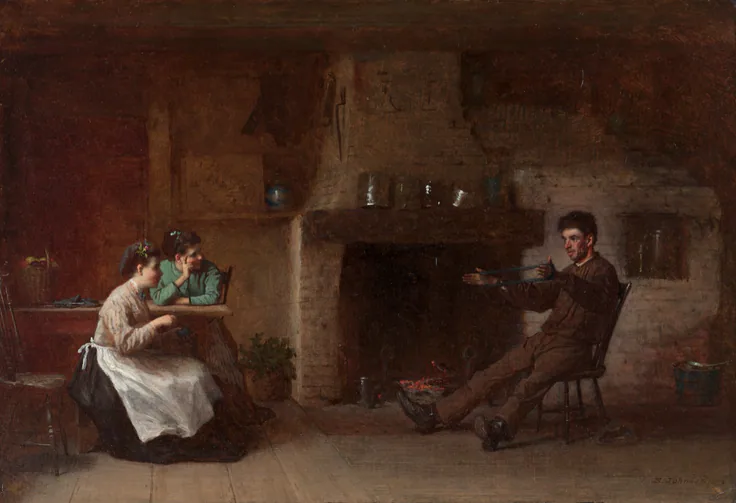 Two women wind yarn by a brick hearth while a young man holds the skein; a warm brown, firelit kitchen with tin pots on the mantel.