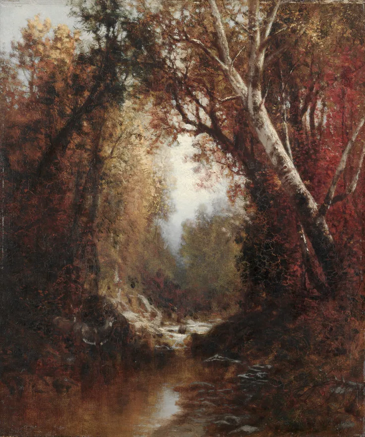 Crimson and amber trees and a white birch frame a rocky stream glinting in soft light.