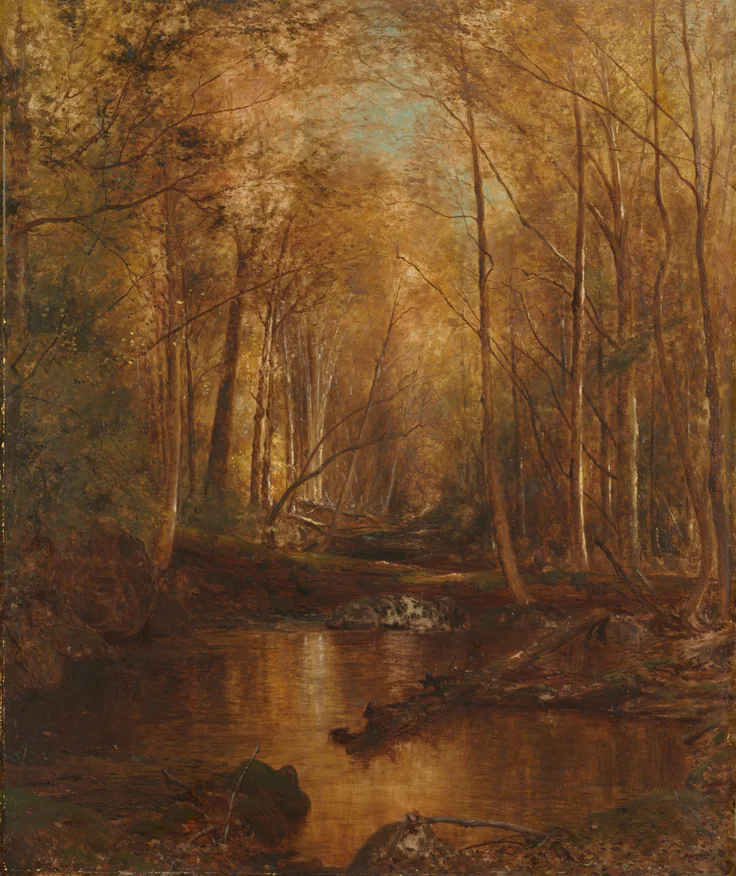 Golden woods of thin trunks over a dark amber stream; hazy, honey-colored light filtering through the leaves.