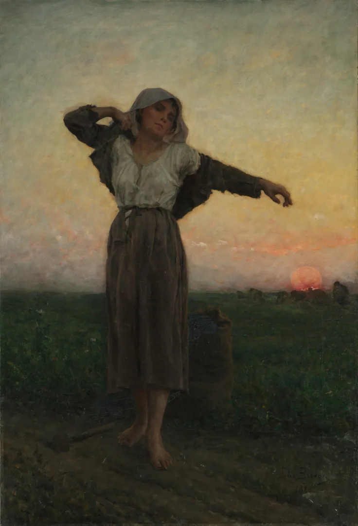 A barefoot young woman stretches in a dim field at dusk, a red sun setting on the horizon behind her.