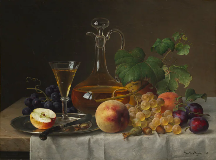 Still Life with Fruit: oil on fabric by Emilie Preyer, 1873.