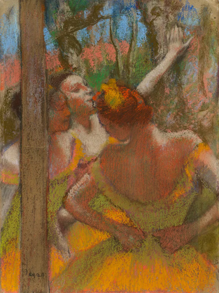 Two ballet dancers adjust their costumes in the wings, orange and yellow tutus against stage scenery in blue and green pastel.