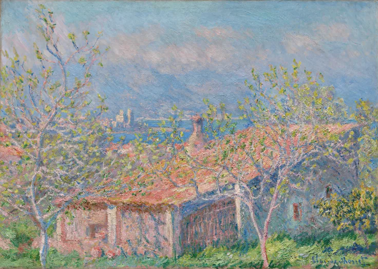 A pink-roofed house among feathery spring trees, the sea and a distant town in hazy blue beyond; light, broken brushwork.