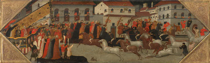 Panel from a Cassone: The Race of the Palio in the Streets of Florence: tempera and gold on wood by Giovanni Francesco Toscani, 1418.