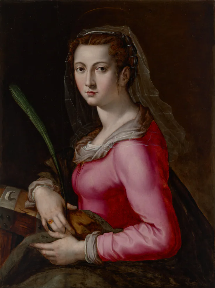 Portrait of a Woman as Saint Catherine: oil on wood by Pier Francesco Foschi, c. 1560.