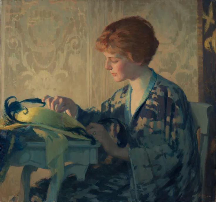 A woman with bobbed red hair in a blue floral kimono trims a hat with a blue plume; soft window light on cream damask.