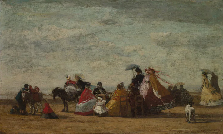 Beach Scene: oil on wood panel by Eugène Boudin, c. 1865–1867.