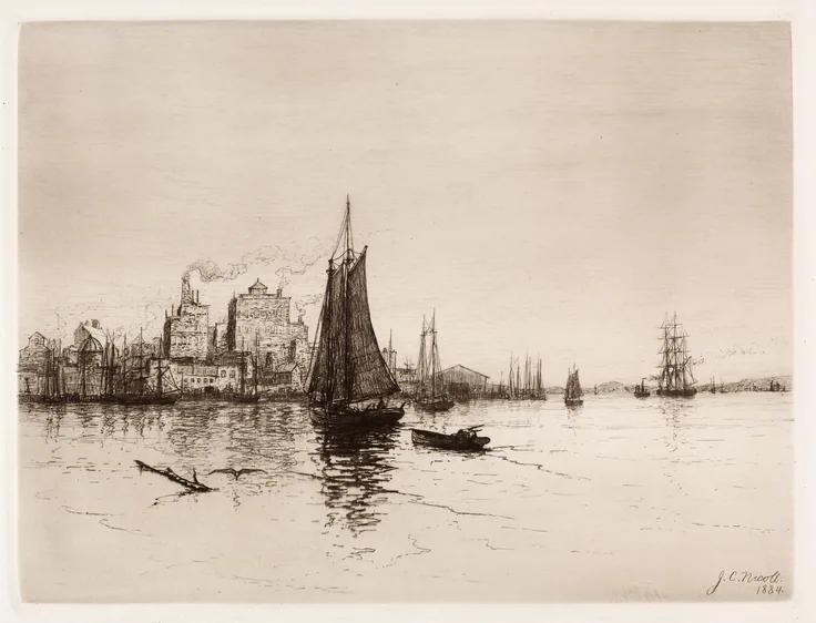 Harbor Scene: etching by James Craig Nicoll, 1884.