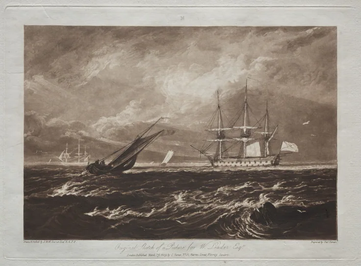 Sepia mezzotint of a ship and small sailboats heeling in choppy, wind-whipped water under a dark sky; small title lettering below.