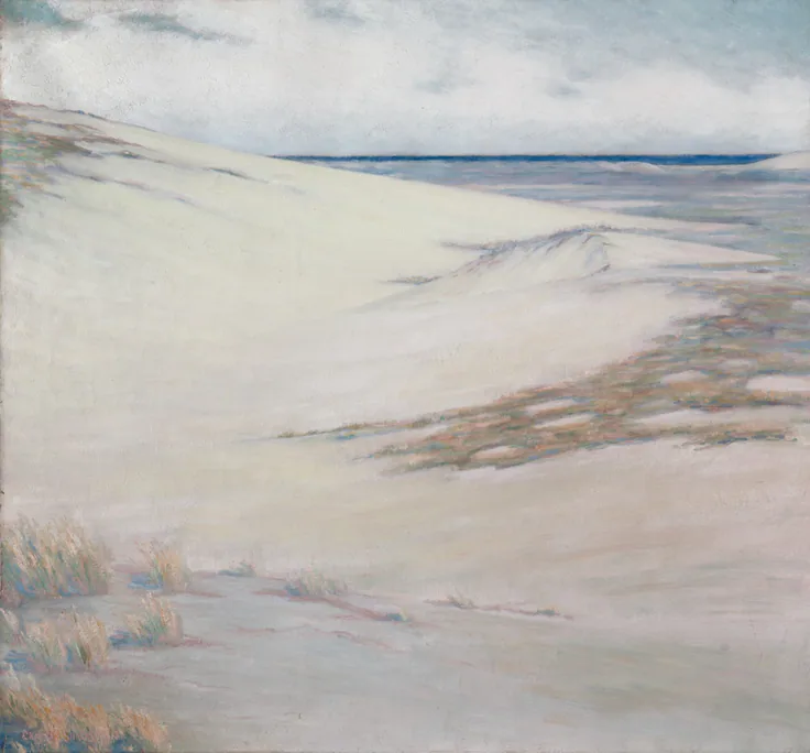 Pale sand dunes with wisps of beach grass roll toward a thin band of blue sea; soft violet shadows.