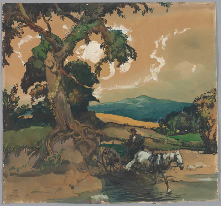 A horse and cart splash across a stream beneath a gnarled tree, rolling ochre fields and a blue ridge beyond.