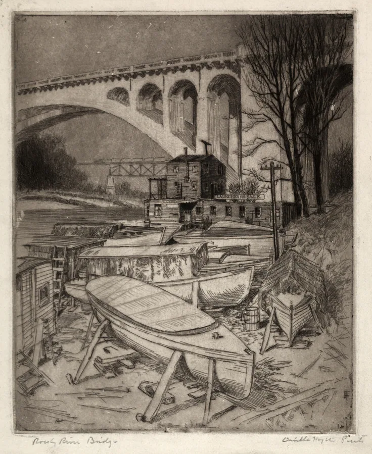 Rocky River Bridge: etching by Orville Houghton Peets, before 1920.