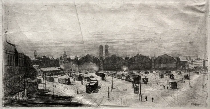 Railroad Station: etching by Sion Longley Wenban, 1883.