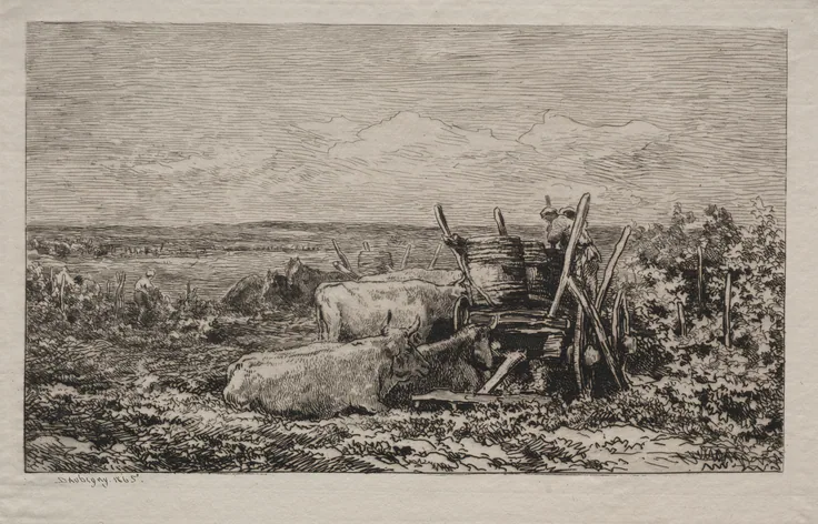 The Grape Harvest: etching and drypoint by Charles François Daubigny, 1865.