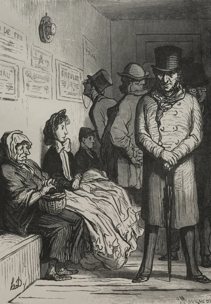 An Omnibus Waiting Room: wood engraving by Honoré Daumier, 1862, printed 1920.