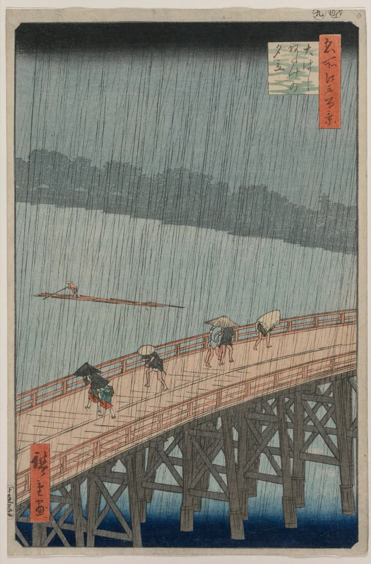 Figures hurry across a wooden bridge in a slanting downpour; fine grey rain lines, dark clouds and a lone raft on the river.