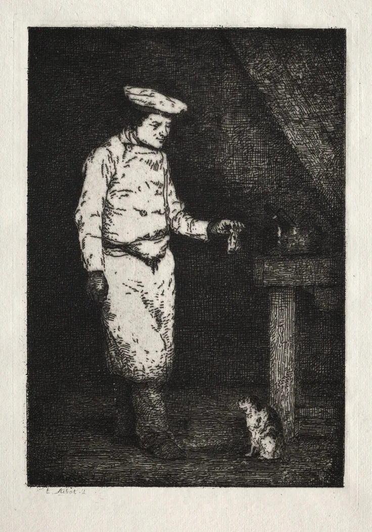 A cook in a white cap and apron feeds a small cat at his feet in a dark kitchen; dense etched shadows.