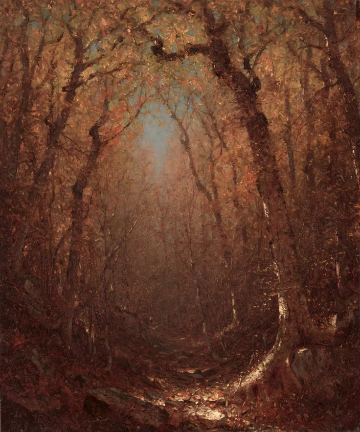 A tunnel of rust-red autumn trees arches over a forest path, glowing toward a pale opening of sky.