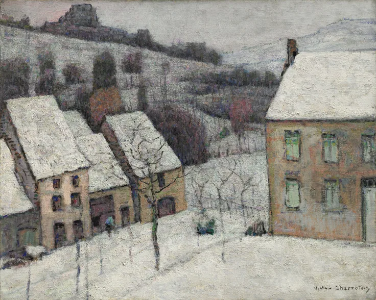 Snow-covered houses climb a hillside village under a pale sky; soft lilac, cream and sage tones.