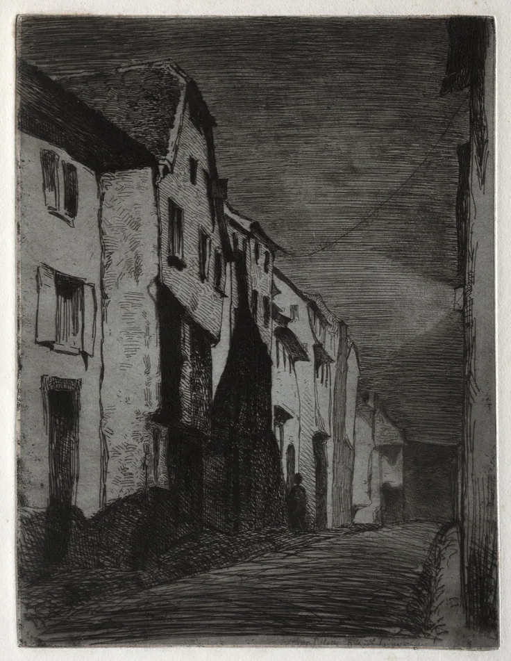 A dark, narrow street at night, old houses lit by a single lantern, with deep etched shadows.