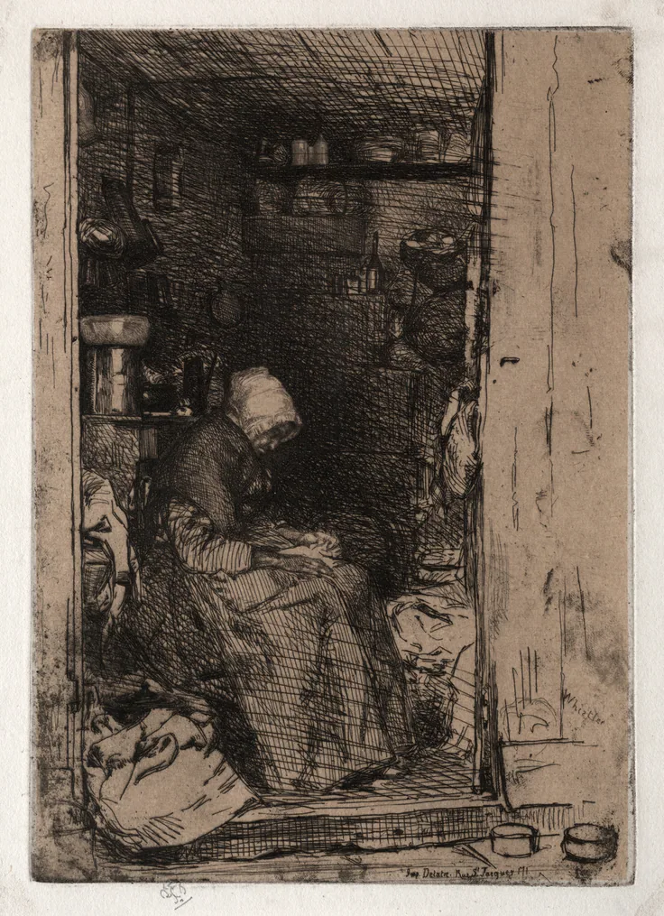 The Old Rag Woman, No. 10: etching with chine collé by James McNeill Whistler, 1858.