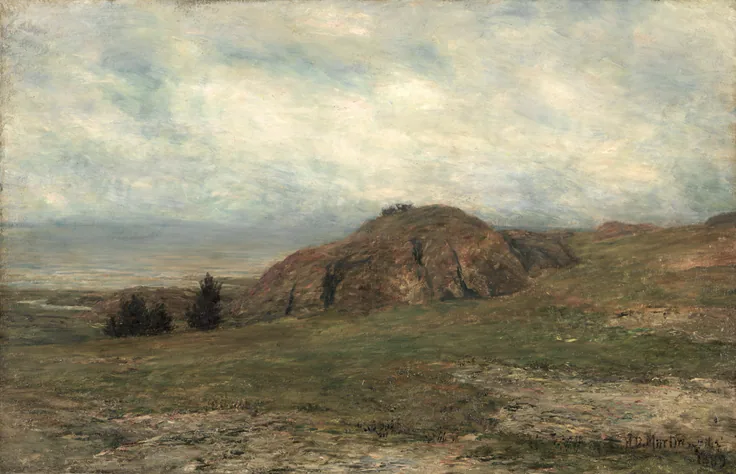 A rocky headland and windswept scrub under a pale overcast sky; muted greens and browns, with a silver strip of sea at the horizon.