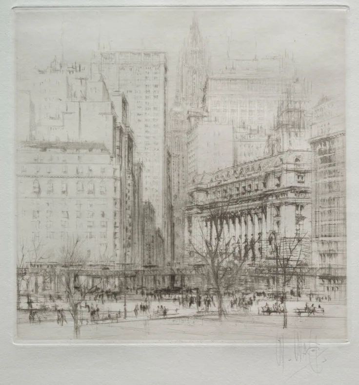 Early skyscrapers rise above a busy plaza with tiny figures and trees in a light, sketchy drypoint.