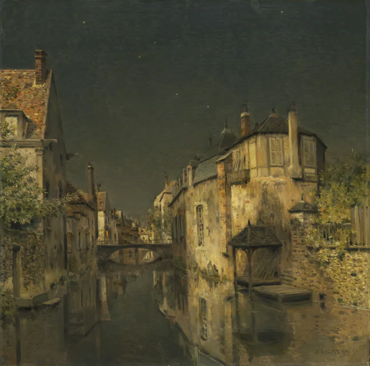 Old houses lean over a still canal under a dark green night sky, moonlight on the walls and reflections.