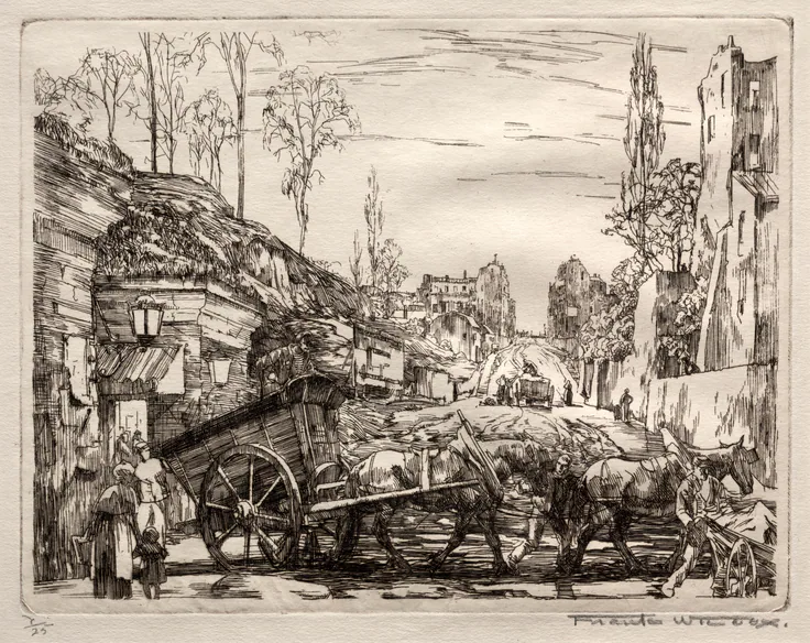 Paris Gate: etching by Frank Wilcox, c. 1923.
