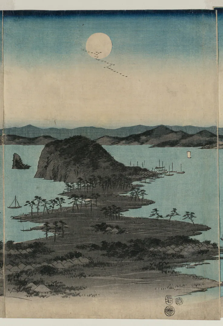 Full Moon on Kanazawa, Musashi: one of a triptych of color woodblock prints by Utagawa Hiroshige, 1857.