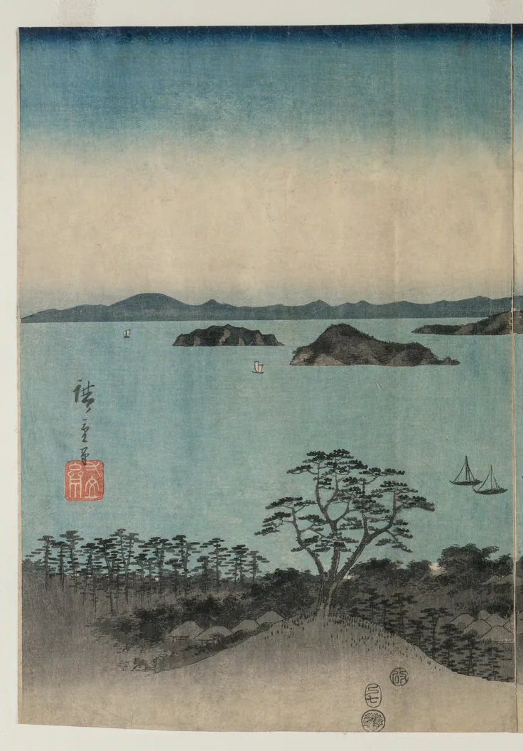 Full Moon on Kanazawa, Musashi: one of a triptych of color woodblock prints by Utagawa Hiroshige, 1857.
