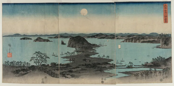 Eight Views of Kanazawa at Night: triptych of color woodblock prints by Utagawa Hiroshige, 1857.
